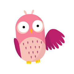 Cute funny owl. Forest bird. Decorative and style toy, doll. Happy and joyful bird in flat style. Isolated children cartoon illustration, for print or sticker