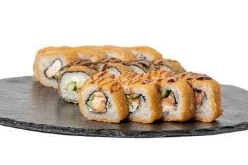 sushi rolls on a Board on a white background