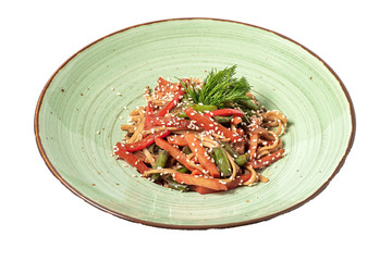 spaghetti with vegetables on a white background