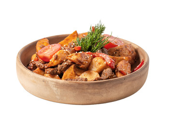 potatoes with meat on a plate on a white background