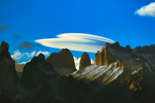 Chile, Ultima Esperanza Province, Cuernos del Paine at sunny autumn day