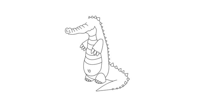 Animation of the cute young Crocodile or Alligator on a white background. Self drawing simple animation of single black line drawing. Motion graphic showing a sketch doodle of dinosaur.Drawing by hand