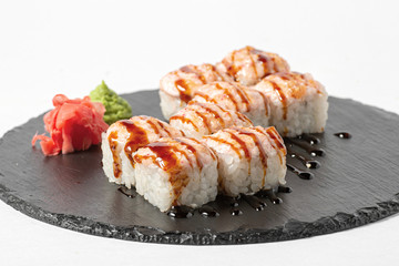 sushi rolls on a Board on a white background