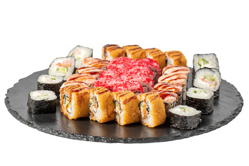 sushi rolls on a Board on a white background