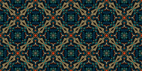 Lace border. Ikat seamless pattern. Vector tie dye shibori print with stripes and chevron. Ink textured japanese background. Ethnic fabric. Bohemian fashion. African creative. Damask rug.