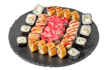 sushi rolls on a Board on a white background