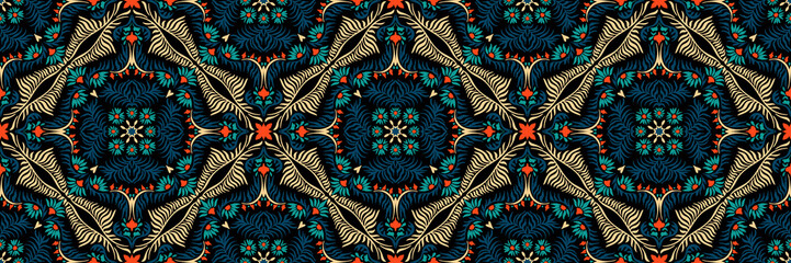 Lace border. Ikat seamless pattern. Vector tie dye shibori print with stripes and chevron. Ink textured japanese background. Ethnic fabric. Bohemian fashion. African creative. Damask rug.