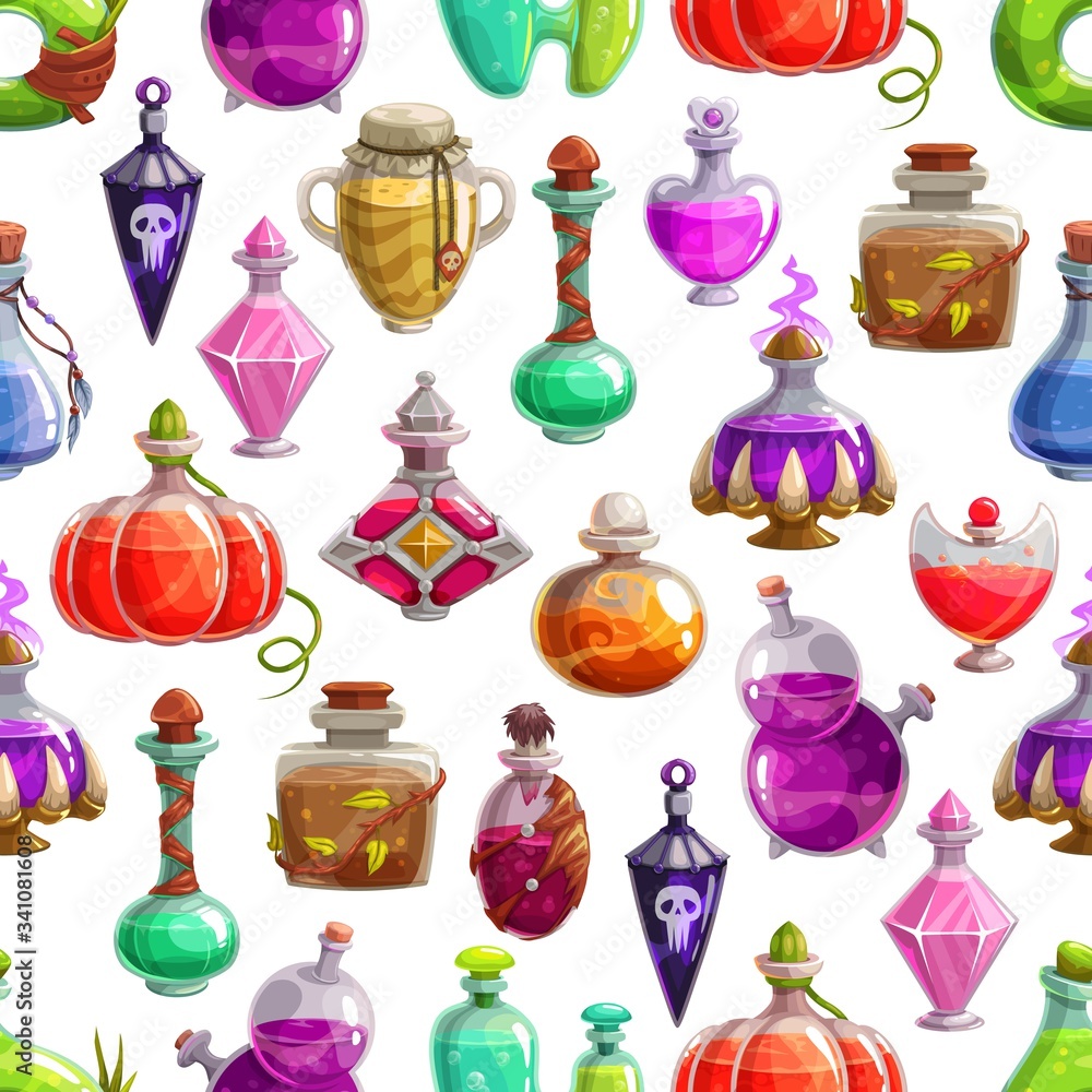 Aufkleber magic potion bottles vector seamless pattern. halloween background of glass bottles and flasks with 