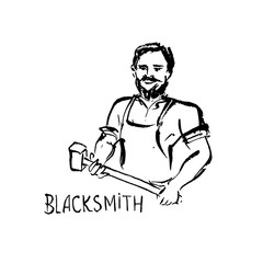 A blacksmith with a hammer. Black-white ink illustration.
