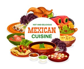 Mexican cuisine food of meat and vegetables vector design. Stuffed peppers, bean burritos and beef fajitas with tomato salsa and avocado guacamole sauces, estofado stew, meatball soup and chicken wing