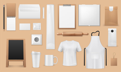 Bakery and pastry shop corporate identity realistic templates. Vector blank mockups of apron, bread and croissant paper bags, food packages, uniform t-shirt and menu boards, coffee cups, sugar sachet