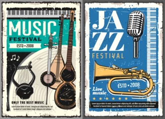 Foto op Aluminium Musical festival of jazz and folk music grunge posters. Vector musical instruments, retro microphone and horn, piano keyboard, vintage lyre or cither, Turkish saz, Persian kamancheh and music notes © Vector Tradition