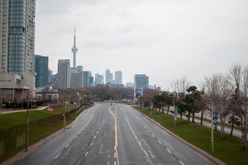 Fototapeta na wymiar Lakeshore Blvd. Toronto. Empty roads. Covid-19. CN Tower.
