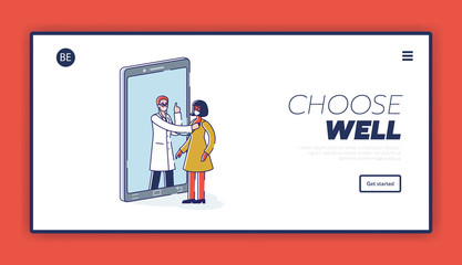 Healthcare And Medicine Concept. Website Landing Page. Female Character Visiting Doctor Online. Woman In Face Mask Is On Meeting With Doctor. Web Page Cartoon Linear Outline Flat Vector Illustration