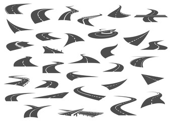 Highway road black silhouettes of traffic, transportation and travel vector design. Asphalt path way, route and drive way, winding, curved and straight speedways with marking stripes, crossroad, turns