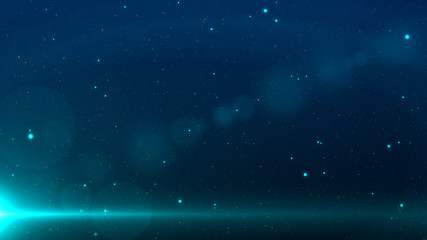 Blue space background with stars and a beam light in the bottom left corner with lens flare.