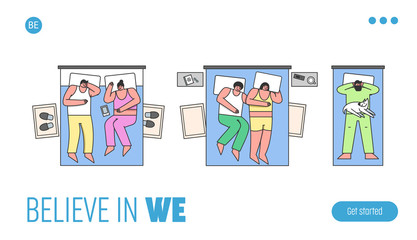 Website Landing Page. Men And Women Sleep On The Bed At Home Or In Hotel. Characters Have Dream, Asleep in Bedroom, Sleep Resting Position. Web Page Cartoon Linear Outline Flat Vector Illustration