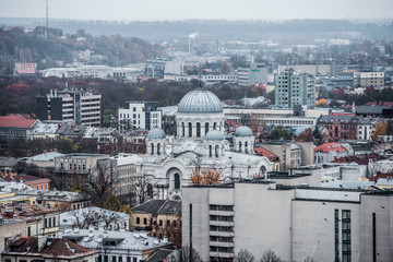 panoramic view of massive white cathedral in lithuania