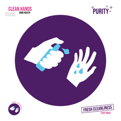 Icon of a hand holding a bottle with an antiseptic. Spray Application of spray on hands