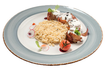 pearl porridge with meat on a white background