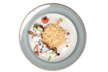 pearl porridge with meat on a white background