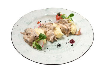 meat with mashed potatoes on a white background