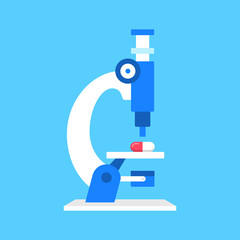 Microscope and capsule. Clinical trials, developing vaccine, medicine, pharmacy concepts. Microscope and pill. Flat design. Vector illustration