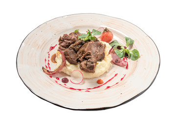 meat with mashed potatoes on a white background