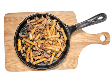fried potatoes with meat in a frying pan on a white background