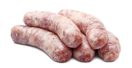 Group of raw homemade sausages, isolated on white background.