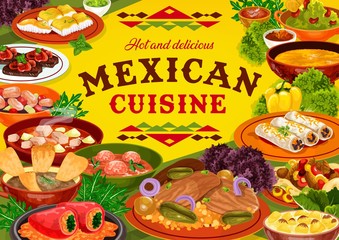 Mexican cuisine restaurant food vector design. Meat and vegetable dishes of burritos, fajitas and estofado stew, stuffed peppers, beef steaks and fish, tomato meatball and onion soups with tortillas