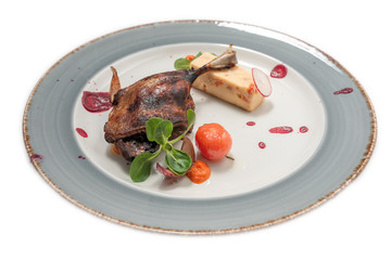Duck leg on a plate on a white background