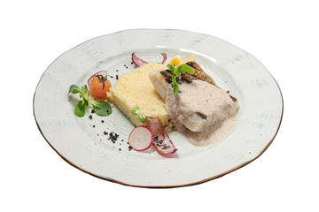 Hot dish of cod on a white background