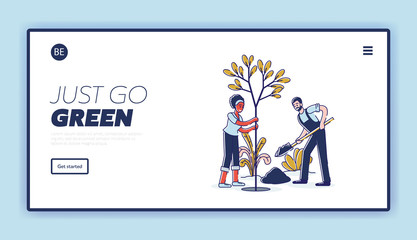 Website Landing Page. People Planting Tree In A Park. Man Dig Soil, Woman Hold Sapling. Activists Working Outdoors, Greening Planet Together. Web Page Cartoon Linear Outline Flat Vector Illustration