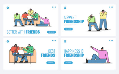 Website Landing Page. Male And Female Cartoon Characters Friends Eat Pizza, Communicating And Have Good Time Together In Casual Setting. Web Page Cartoon Linear Outline Flat Vector Illustrations Set