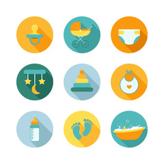 Colorful set of baby accessories icons with long shadow. Collection of baby symbols. Elements for web design and mobile applications. Stock vector illustration in a flat style.