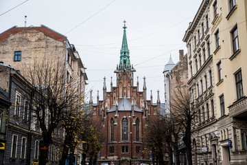 Fototapeta premium old town square with beautiful church in riga latvia europe 