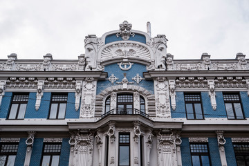 blue facade of a building in riga latvia