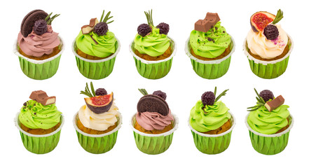 Set of delicious muffins, cake with blackberry marmalade, figs and a slice of chocolate, on a white background. Isolated object