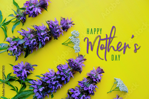 Purple flowers on yellow background for mother's day.