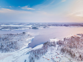 Frosty Ladoga lake shore sunset