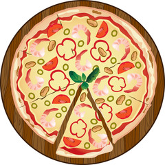 Seafood pizza on a wooden board. Shrimps pizza, mussels, tomatoes, olives, cheese and basil