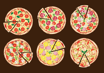 Six different pizza set for menu on the wooden board. Italian food traditional cuisine. Pizzas with salami, seafood, ham, mushroom, tomatoes, pepper, cheese, basil, parsley, onion, pineapple, olive