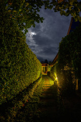 green tunnel in the bushes leading to a bungalow in the night