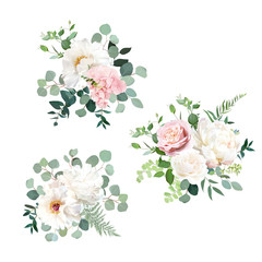Blush pink rose and sage greenery, ivory peony, hydrangea, ranunculus flowers