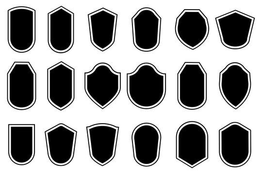 Black shields of various shapes without inscriptions. Vector illustration. Stock Photo.