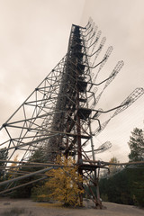 Looking up at the steel cages of the DUGA radar array in Chernobyl Exclusion Zone of Alienation