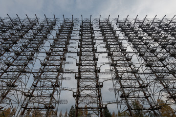Looking up at the steel cages of the DUGA radar array in Chernobyl Exclusion Zone of Alienation
