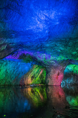 Colorful illumination of  Ruskeala caves, blue