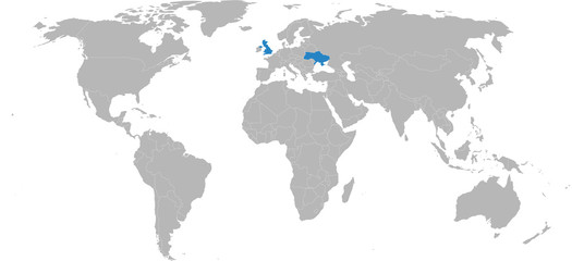 Ukraine, United kingdom, countries highlighted on world map. Business concepts, diplomatic, trade, transport relations.